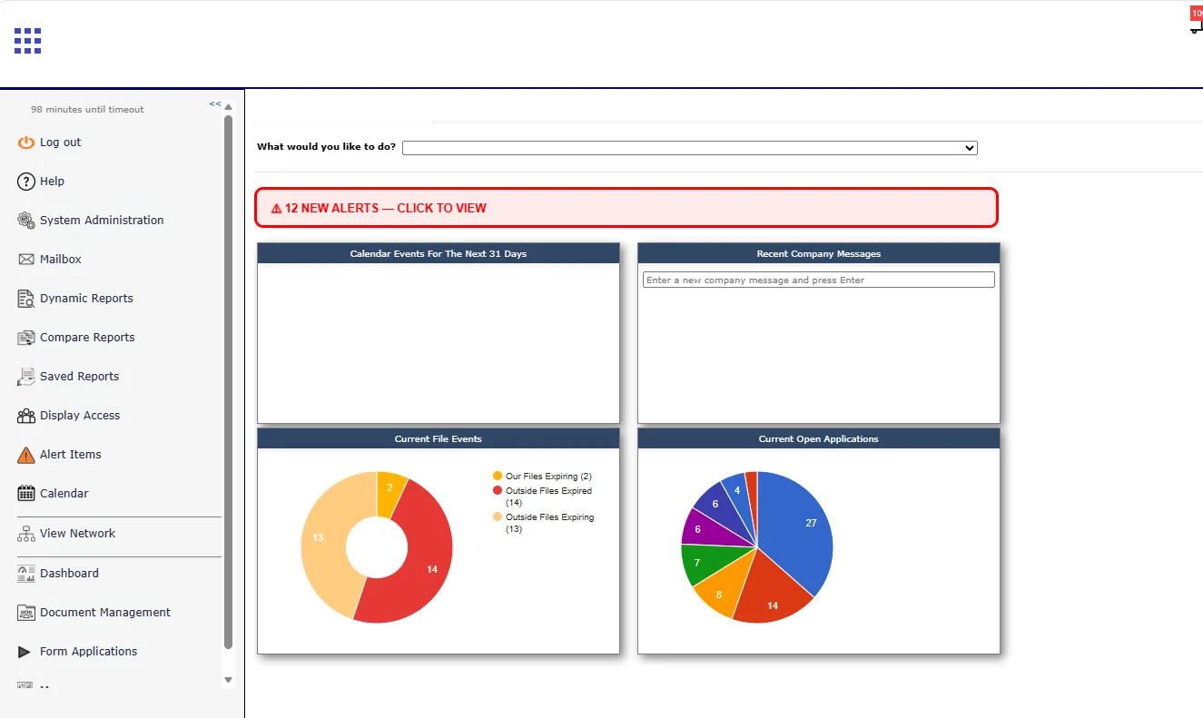 CMS Compliance Portal dashboard showing alerts, upcoming calendar items, management charts and navigation to reports, document management and applications